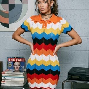 Shein Multi-color Rainbow Chevron Collared Knit Dress Size 12